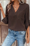 Stripe V Neck Roll Up Sleeve Blouse
