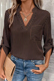 Stripe V Neck Roll Up Sleeve Blouse
