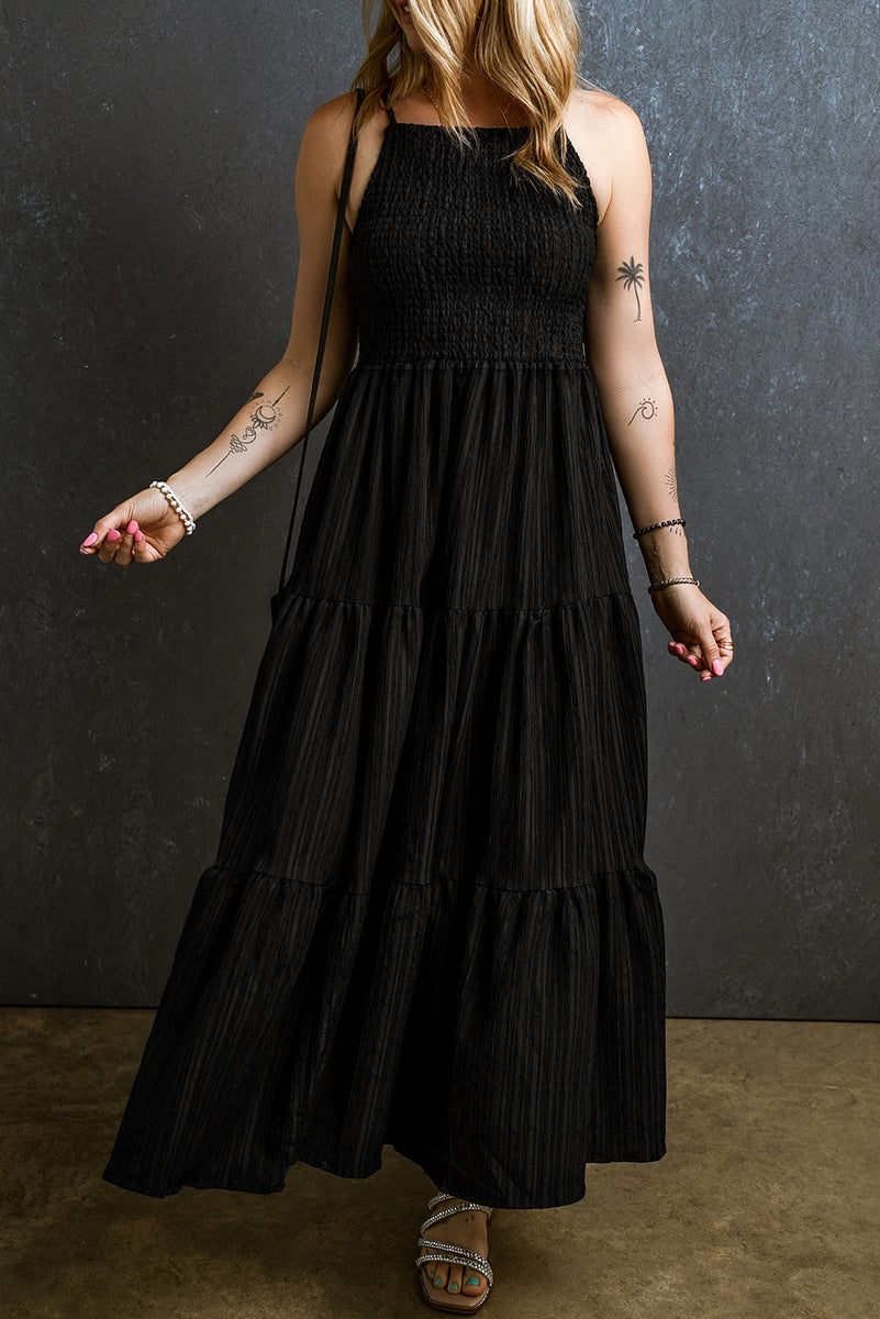 open lace back dress Black Pleated Midi Dress With Rhinestone Trim main image 0
