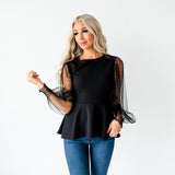 Mesh Puff Sleeve Top - Black