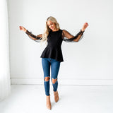 Mesh Puff Sleeve Top - Black