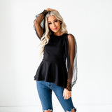 Mesh Puff Sleeve Top - Black