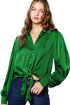 Emerald Green Balloon Sleeve Front Tie Blouse