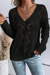 Black Hollow Out Knit V Neck Sweater