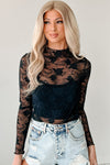 Floral Mesh Lace Mock Neck Top