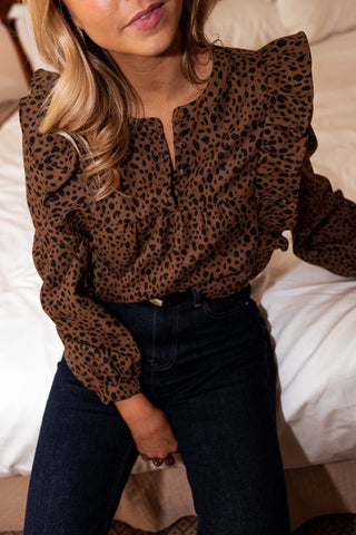 Leopard Ruffled Puff Sleeve Blouse