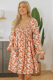 Floral V Neck Bubble Sleeve Babydoll Dress