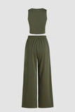 Jungle Green Solid Sleeveless Crop Top and Wide Leg Pants Set