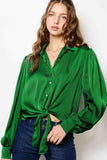 Emerald Green Balloon Sleeve Front Tie Blouse