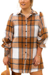 Khaki Plaid Pattern Collared Neck Ruffled Sleeve Shirt Dress