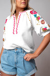 Floral Embroidered Ricrac Puff Sleeve Blouse