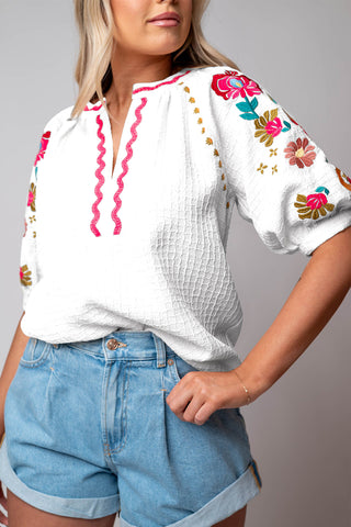 Floral Embroidered Ricrac Puff Sleeve Blouse