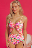 Floral Ruffle Trim Knot Detail One Piece Swimsuit