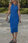 Blue Ribbed Knit Sleeveless Midi Dress