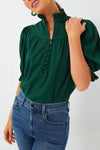 Green Frilled Trim Puff Sleeve Blouse