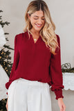 Burgundy Shirred Cuff Long Sleeve Blouse