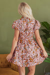 Pink Floral Puff Sleeve Shirred Dress