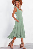 Green Pleated Square Neck Midi Dress