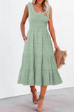 Green Pleated Square Neck Midi Dress