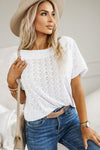 Eyelet Pattern Boat Neck Casual Top