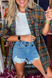 Green Plaid Distressed Hem Button Up