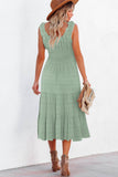 Green Pleated Square Neck Midi Dress