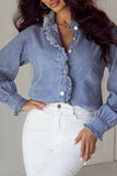 Denim Ruffled Long Sleeve Blouse