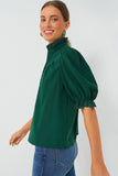 Green Frilled Trim Puff Sleeve Blouse