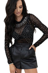 Sheer Rhinestone Mesh Long Sleeve Bodysuit