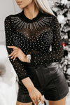 Sheer Rhinestone Mesh Long Sleeve Bodysuit