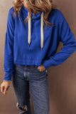 Dark Blue Solid Drop Shoulder Drawstring Cropped Hoodie