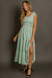 Green Pleated Square Neck Midi Dress