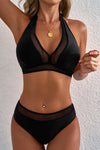 Black Mesh Edged Halter V Neck Push Up Bikini