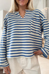 Stripe Buttoned Back V Neck Top