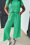 Green Corded Knit Short Sleeve & Wide Leg Pants Set