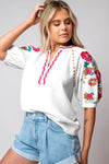 Floral Embroidered Ricrac Puff Sleeve Blouse