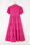 Rose Red Flower Mock Neck Puff Sleeve Tiered Maxi Dress