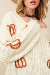 Cable Knit Pumpkin Distressed Hem Sweater