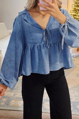 Denim Balloon Sleeve Peplum Top