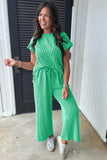 Green Corded Knit Short Sleeve & Wide Leg Pants Set