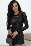 Sheer Rhinestone Mesh Long Sleeve Bodysuit