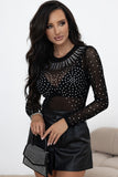 Sheer Rhinestone Mesh Long Sleeve Bodysuit