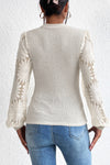 Beige Sunflower Mesh Bubble Sleeve Waffle Knit Top