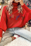 Red Merry Letter Embroidered High Neck Sweater