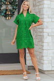Green Solid Color Eyelet Embroidered T Shirt Mini Dress