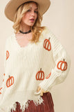 Cable Knit Pumpkin Distressed Hem Sweater