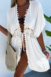 Pom Pom Trim Drawstring Waist Beach Kimono