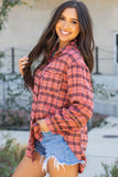 Red Plaid Distressed Hem Button Up