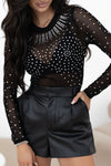 Sheer Rhinestone Mesh Long Sleeve Bodysuit