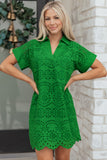 Green Solid Color Eyelet Embroidered T Shirt Mini Dress